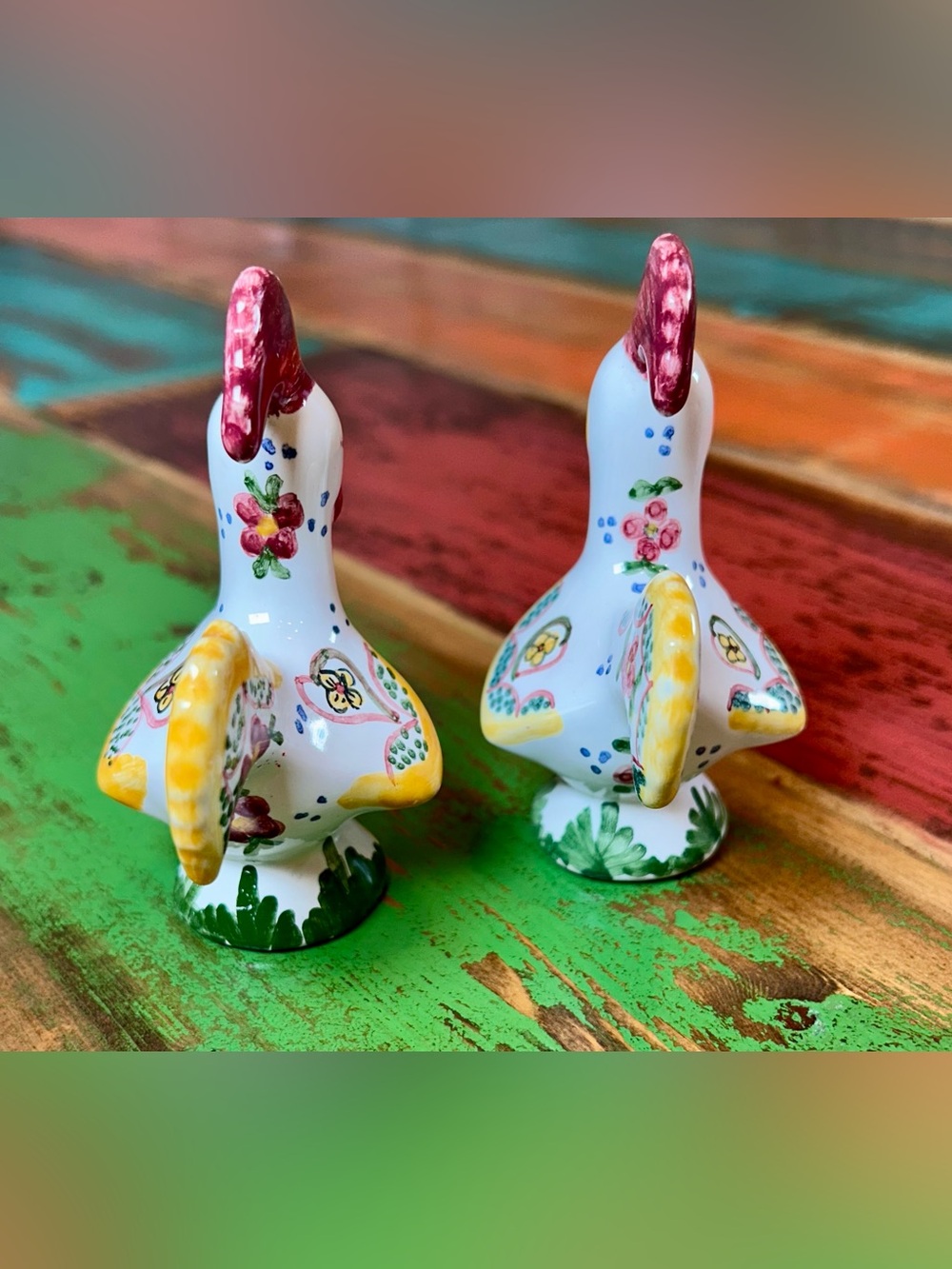 Vintage Portuguese Good Luck Rooster Figurines Hand Painted Pair Signed - Picture 4 of 11